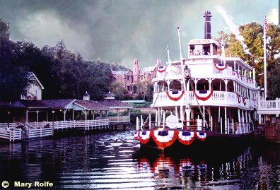 Liberty Square Riverboat docked in Disney World's Magic Kingdom