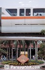 Monorail passing over Land sign